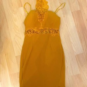 Selfie Leslie high neck mustard mini dress